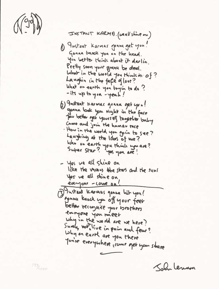 JOHN LENNON - DRAWING - LYRICS - Limited Edition print